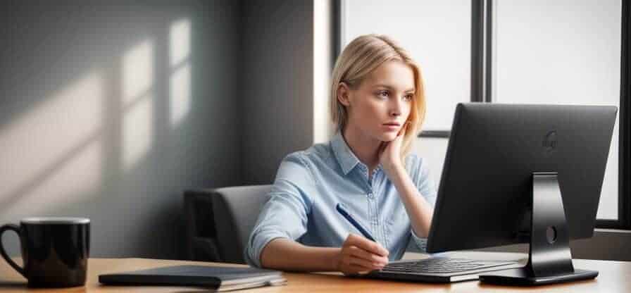 Woman working at a computer using Search Engine
